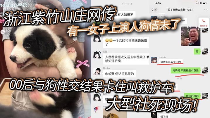 浙江紫竹山庄网传有一女子上演人狗情未了，00后与狗性交结果卡住叫救护车，大型社死现场！